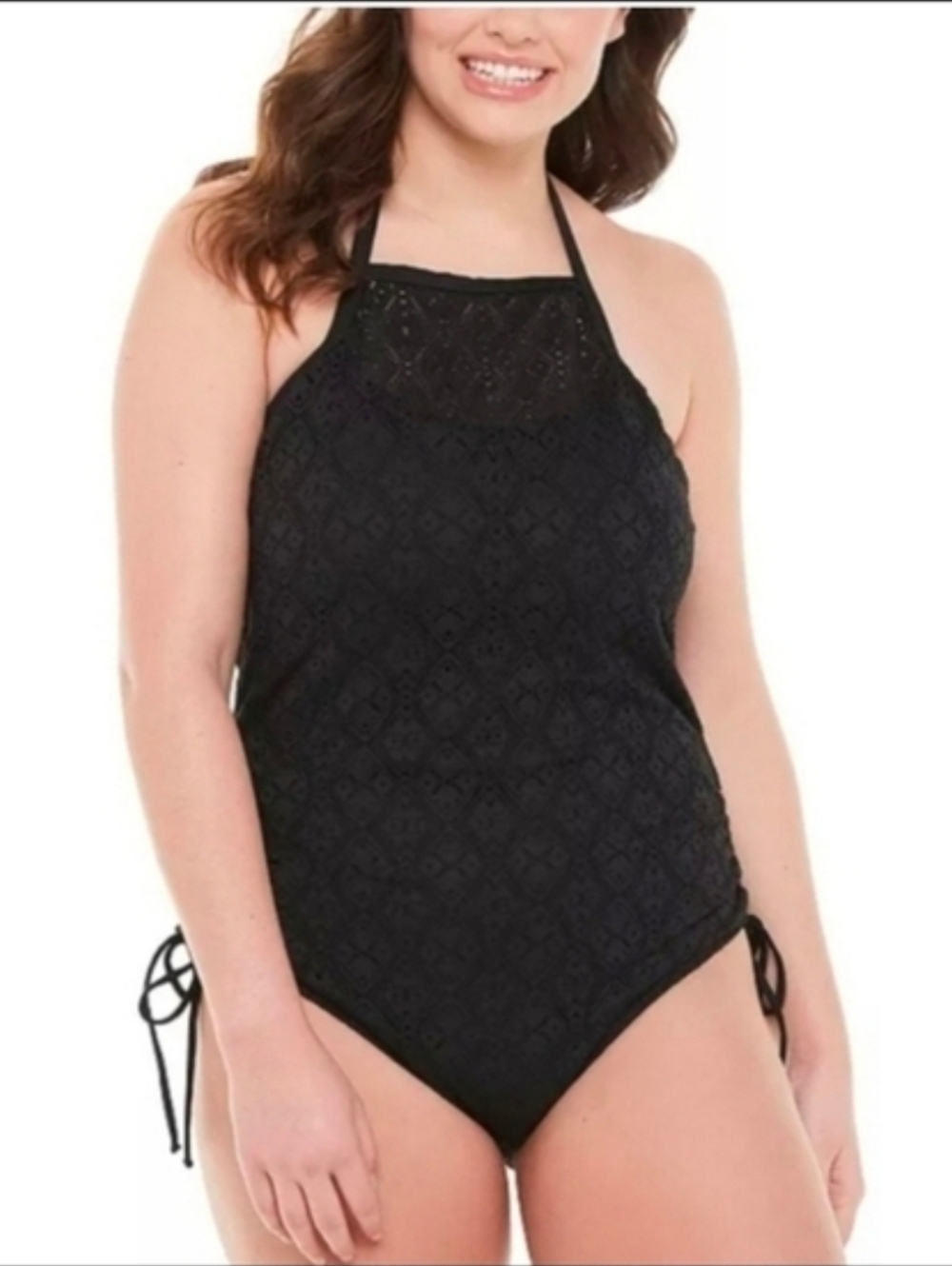 SO By Kohls Women Crochet Overlay High Neck Black One Piece Swimsuit XXL NWT